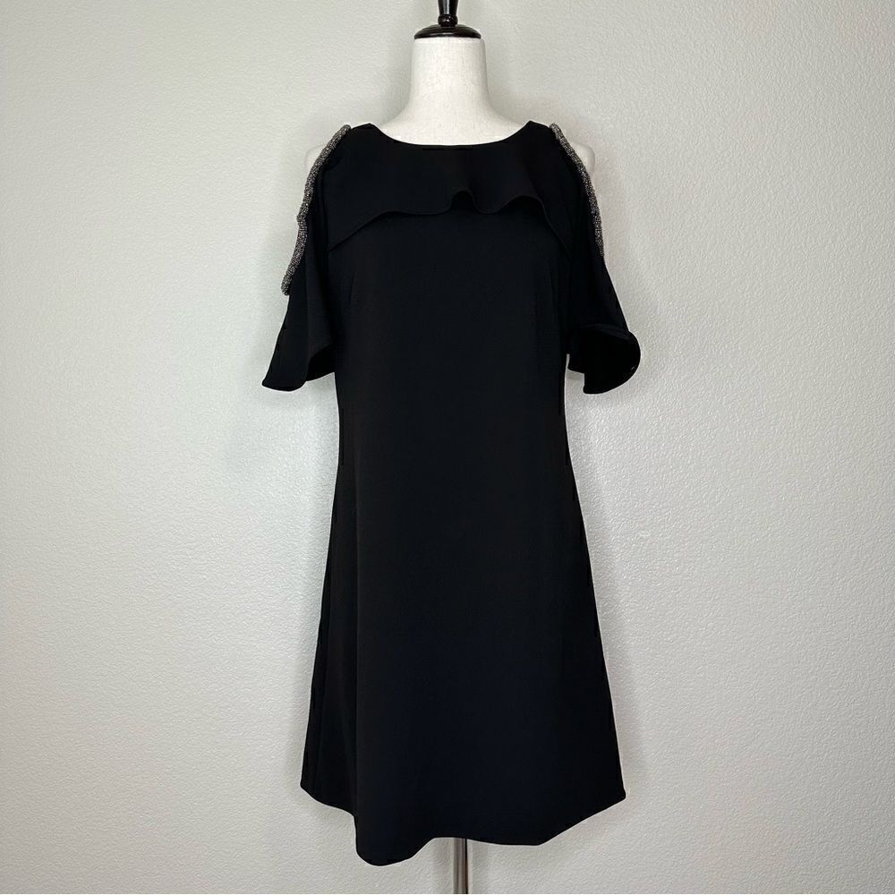 Adrianna Papell Black Ruffle Cold Shoulder Embellished Dress